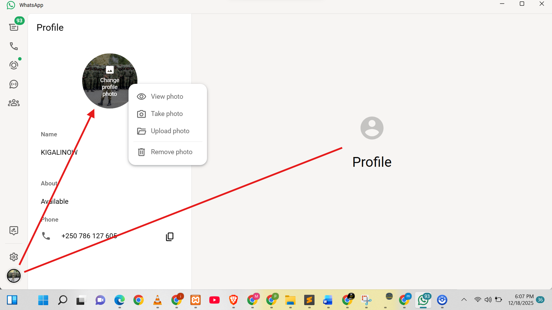 Changing your Whatsapp profile is now possible using the Whatsapp Desktop app.